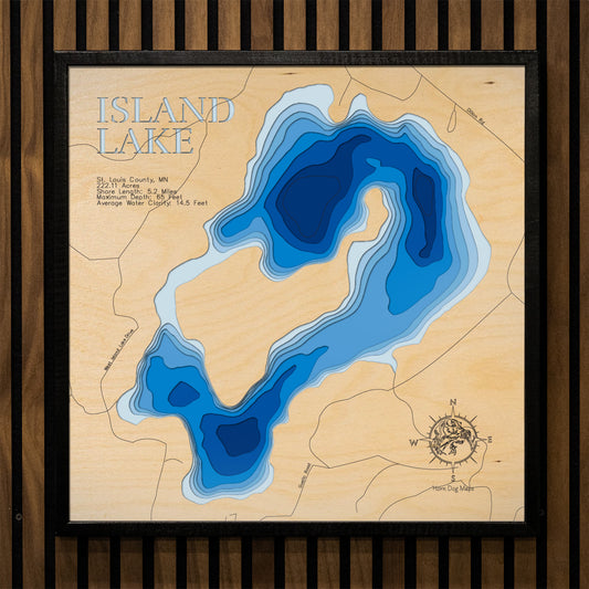 Detailed wooden relief map of Island Lake in St. Louis County, MN, showcasing its natural beauty.