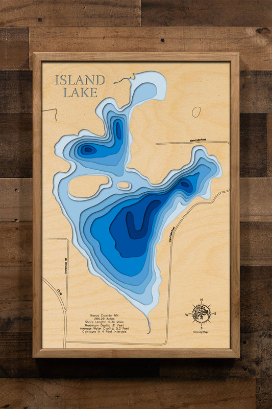 Artisanally carved wooden lake map of Island Lake in Itasca County, MN, highlighting bathymetry.