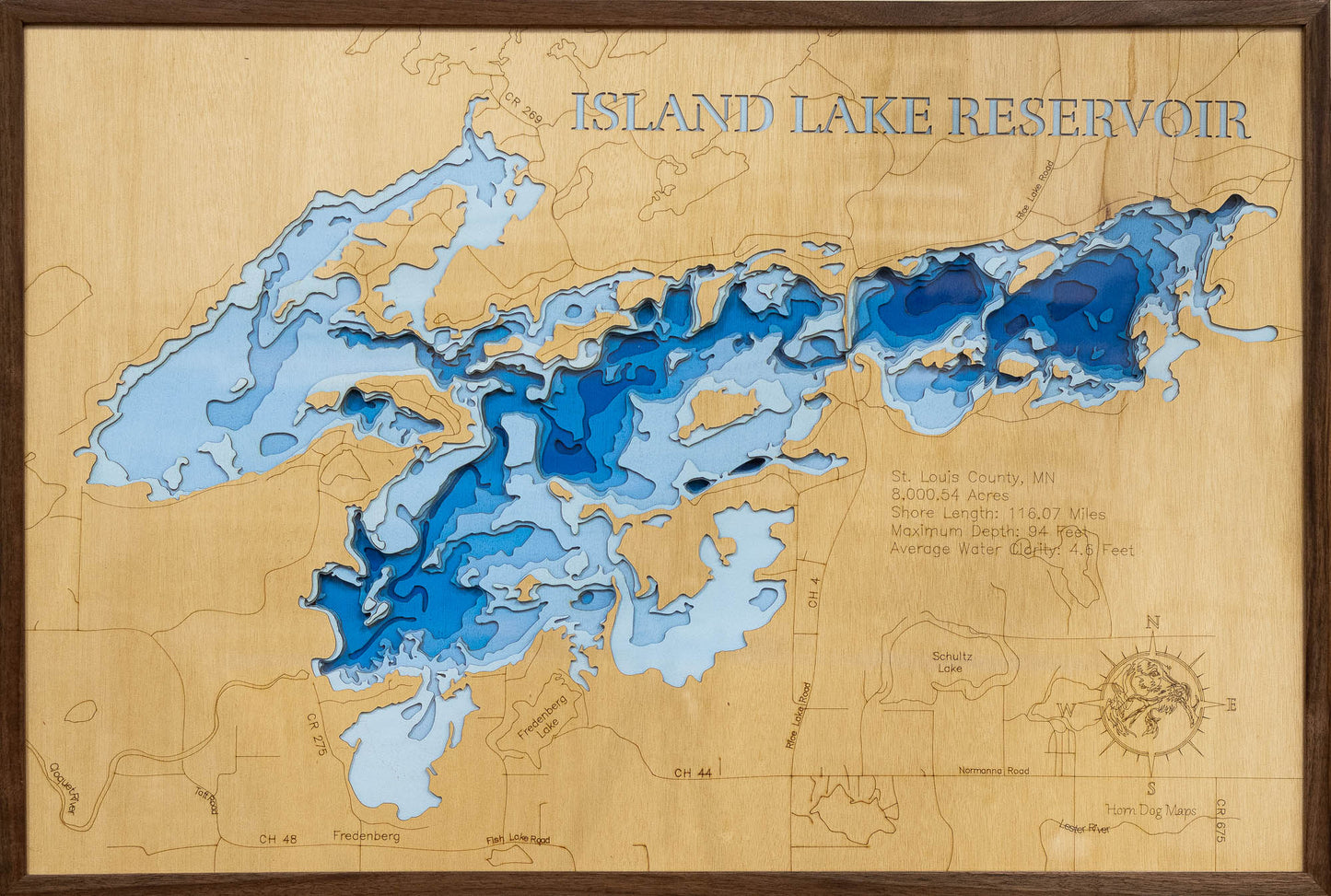 Island Lake Reservoir in St. Louis County, MN 3D depth map, laser cut from high-quality wood.