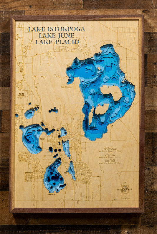 Handcrafted 3D wood map of Lake Istokpoga, Lake June, and Lake Placid in Highlands County, FL, ideal for lake enthusiasts.
