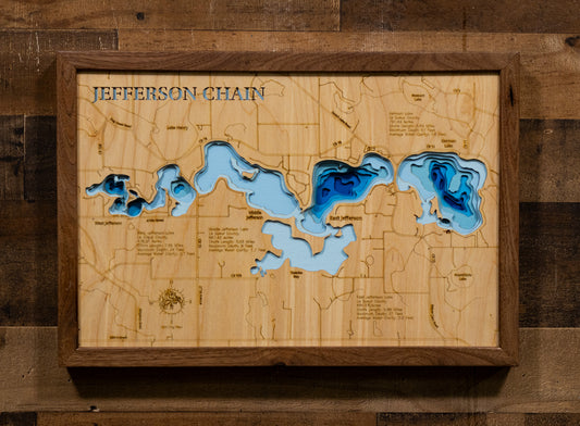 Precision-cut wooden map of Jefferson Chain in Le Sueur County, MN, perfect for unique decor.