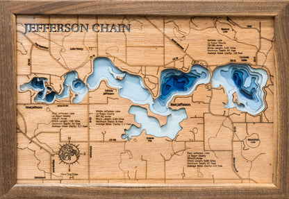 Precision-cut wooden map of Jefferson Chain in Le Sueur County, MN, perfect for unique decor.