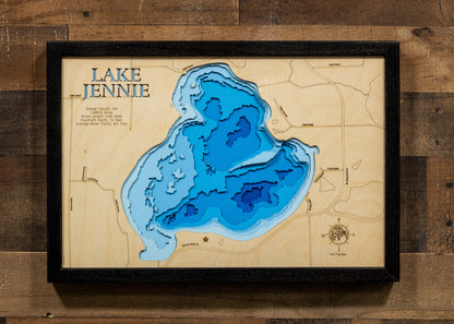 Lake Jennie in Meeker County, MN 3D depth map, laser cut from high-quality wood.