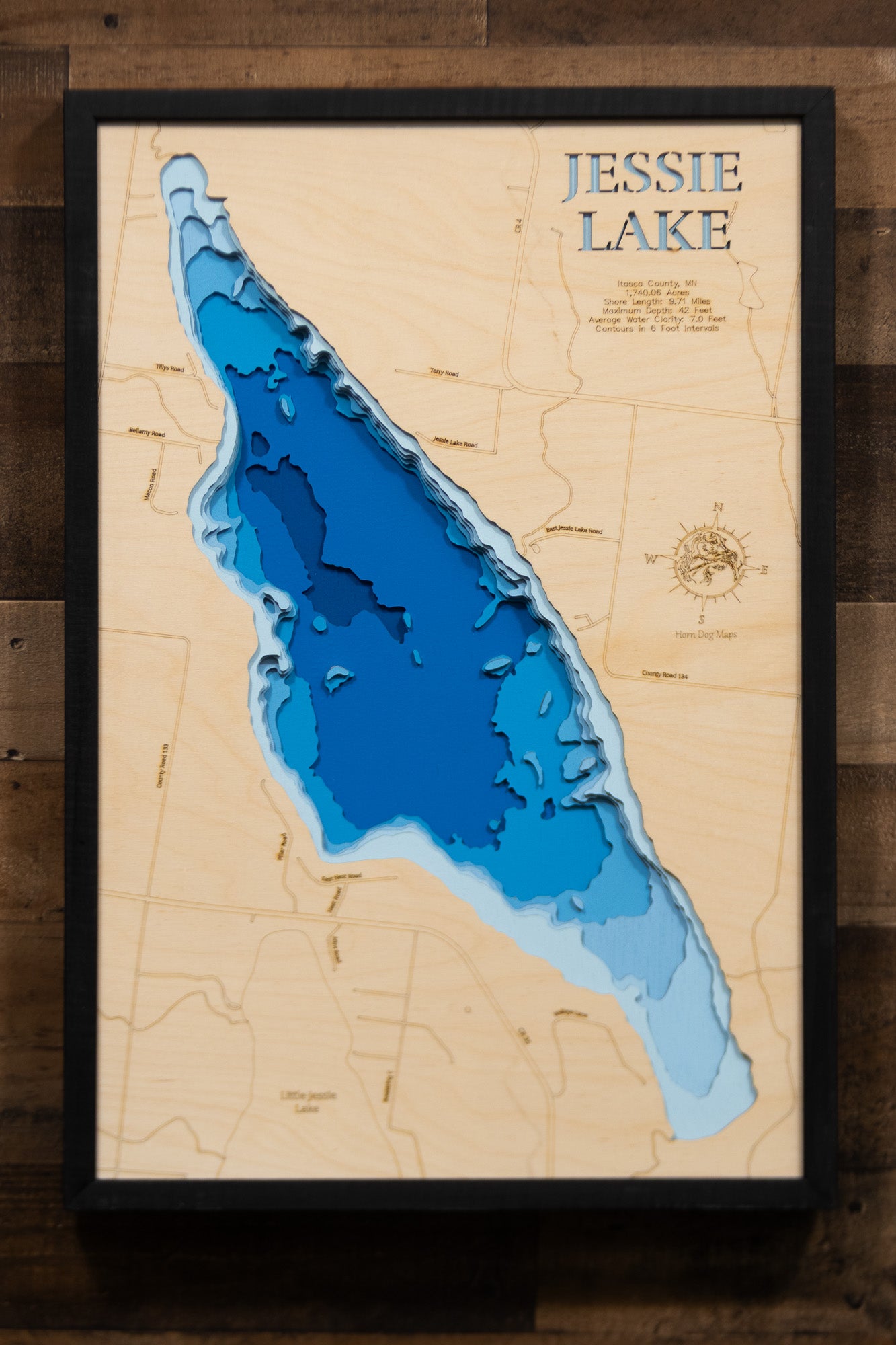 Precision-cut wooden map of Jessie Lake in Itasca County, MN, perfect for unique decor.