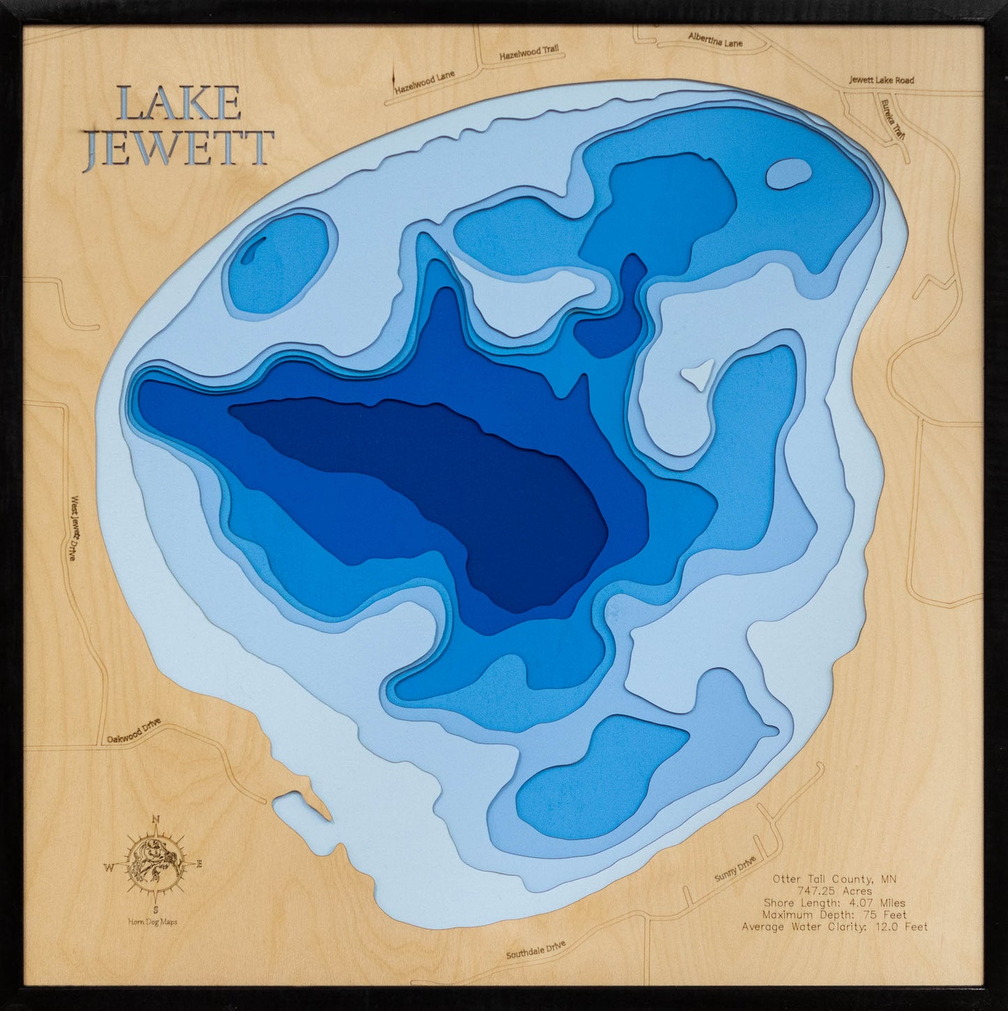 Jewett Lake in Otter Tail County, MN 3D depth map, laser cut from high-quality wood.