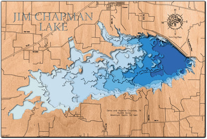 Custom wooden map of Jim Chapman Lake in Delta and Hopkins Counties, TX with layered depth highlights.