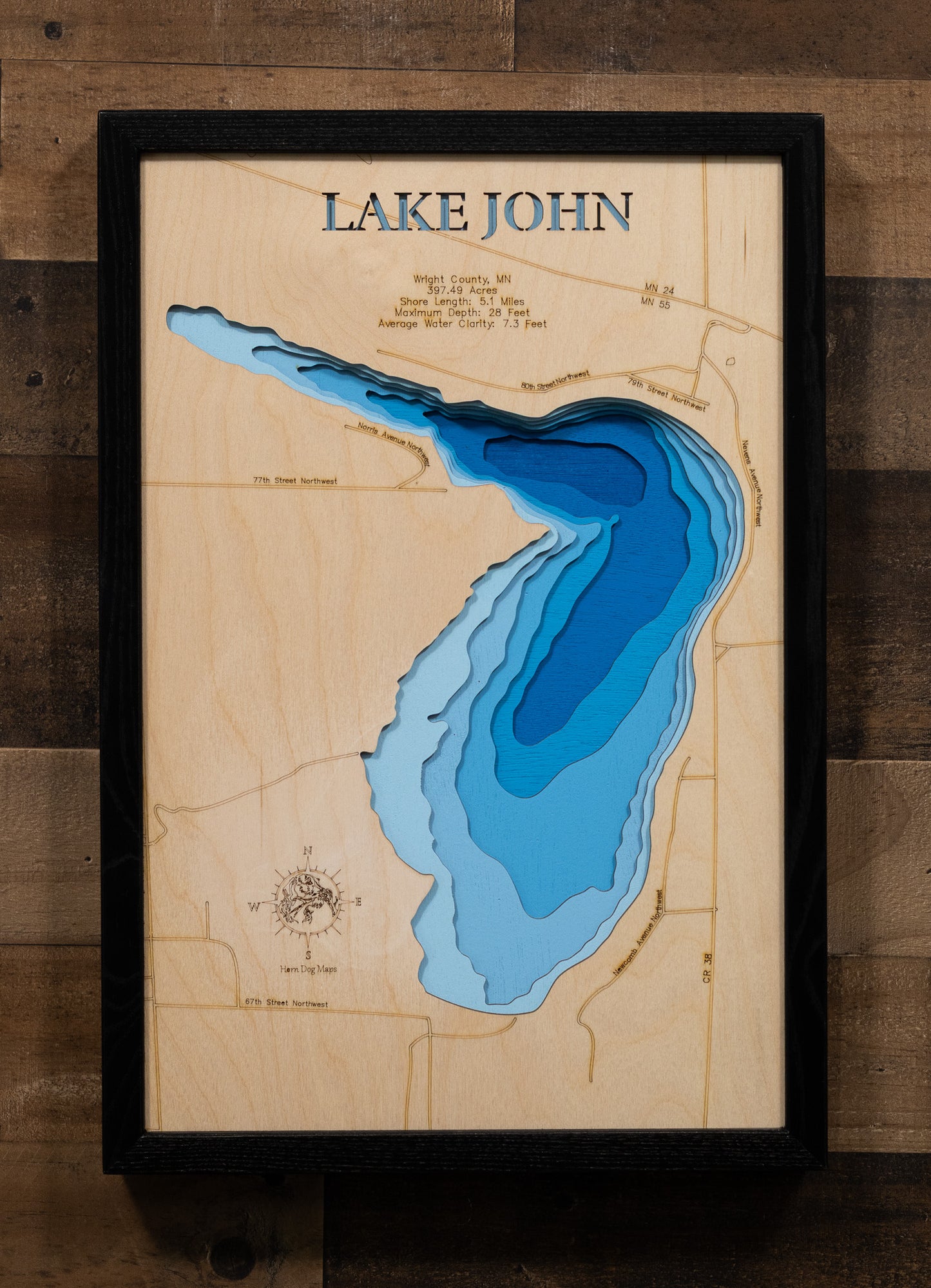 3d Depth map of Lake John in Wright County, MN custom 3D wood map, perfect for home decor and gifts.