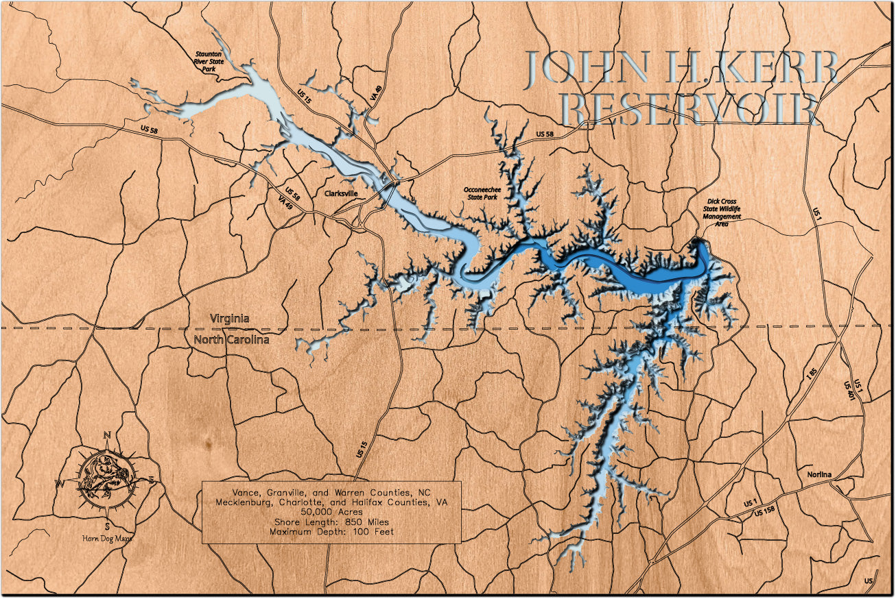 John H. Kerr Reservoir in Virginia and North Carolina 3D depth map, laser cut from high-quality wood.