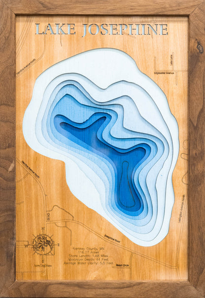 Decorative 3D wooden lake map of Lake Josephine in Ramsey County, MN, crafted with care.