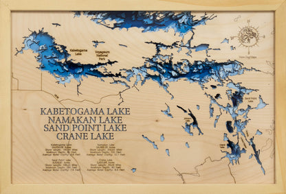 Laser-engraved relief map of Kabetogama, Namakan, Sand Point, and Crane Lakes in St. Louis County, MN, Kenora District Ontario, crafted from wood with high precision.