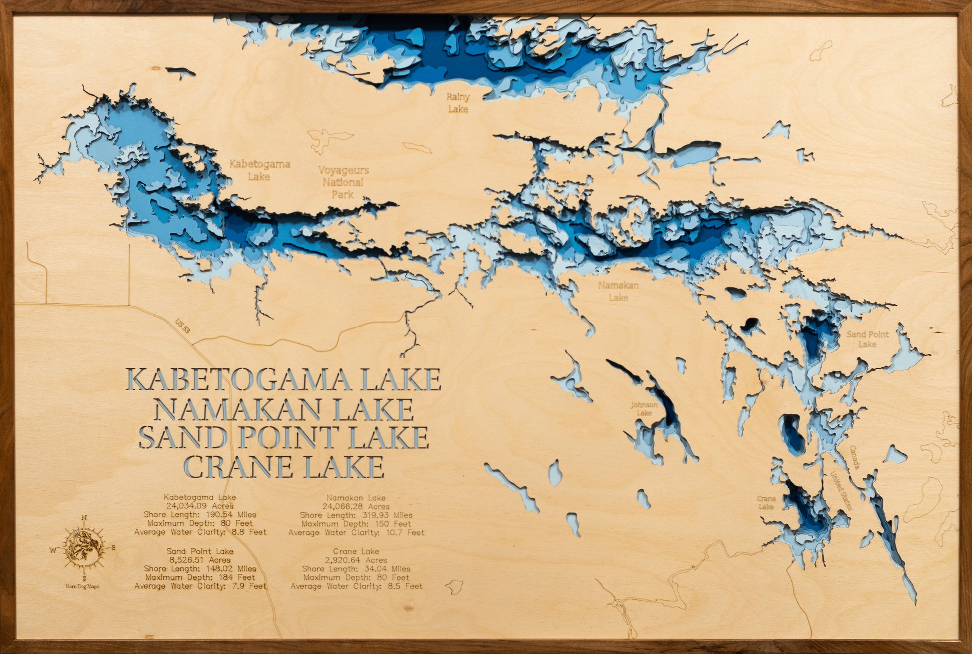 Laser-engraved relief map of Kabetogama, Namakan, Sand Point, and Crane Lakes in St. Louis County, MN, Kenora District Ontario, crafted from wood with high precision.