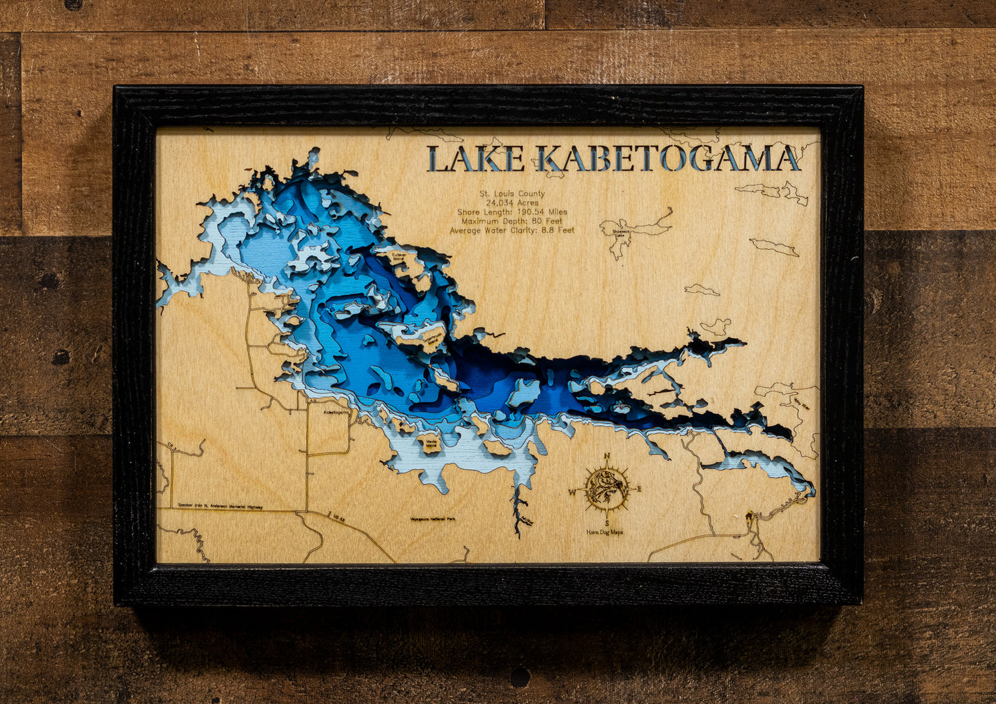 Decorative 3D wooden lake map of Kabetogama Lake in St. Louis County, Minnesota, crafted with care.