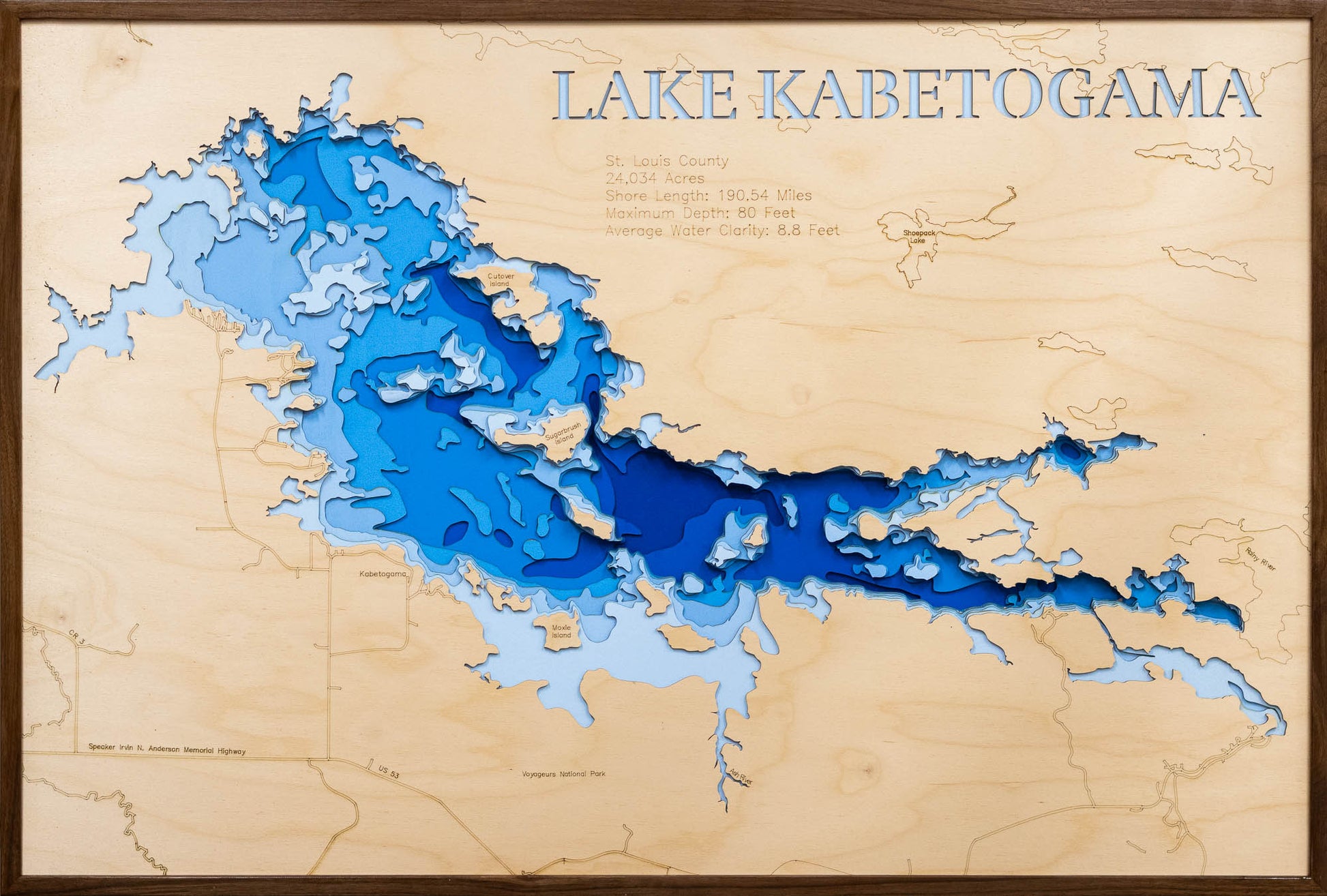 Decorative 3D wooden lake map of Kabetogama Lake in St. Louis County, Minnesota, crafted with care.