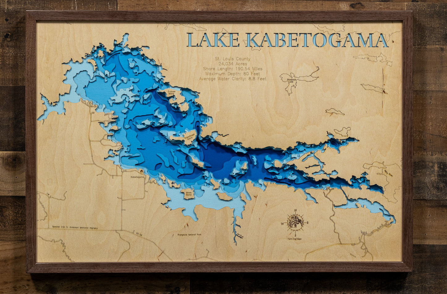 Decorative 3D wooden lake map of Kabetogama Lake in St. Louis County, Minnesota, crafted with care.