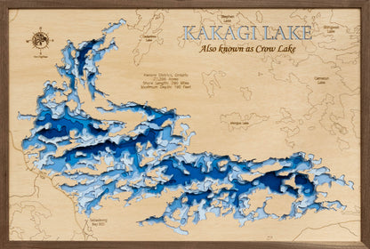 Exquisite wooden map of Kakagi Lake in Kenora District, Ontario Canada with detailed lakebed features.