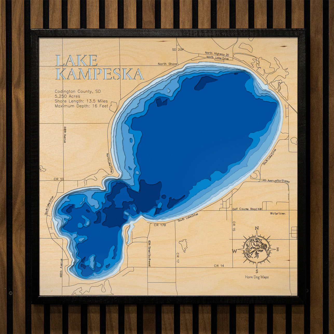 Handcrafted 3D wood map of Lake Kampeska in Codington County,  SD, ideal for lake enthusiasts.