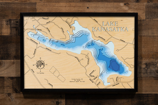 Lake Kanasatka in Carroll County, NH engraved wood map, showcasing accurate topographical features.