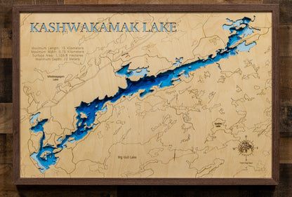 Handcrafted 3D wood map of 3D Wooden Lake Map of Kashwakamak Lake in Ontario, Canada, ideal for lake enthusiasts.