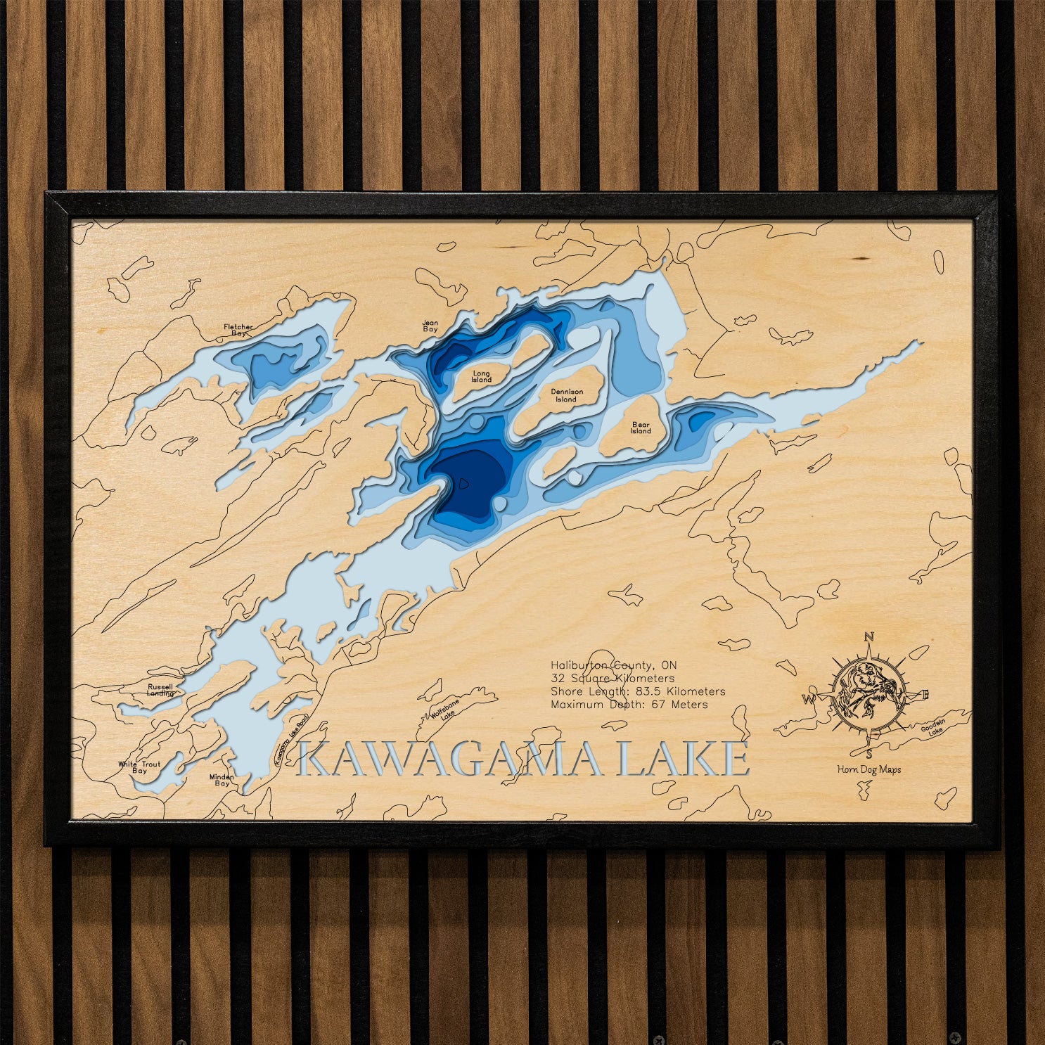 Exquisite wooden map of Kawagama Lake in Haliburton County, ON with detailed lakebed features.