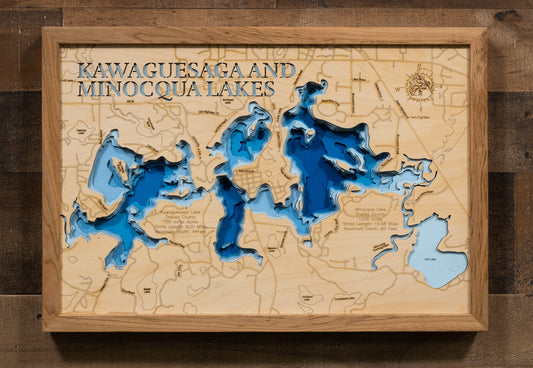 Decorative 3D wooden lake map of Kawaguesaga and Minocqua Lakes in Oneida County, WI, crafted with care.
