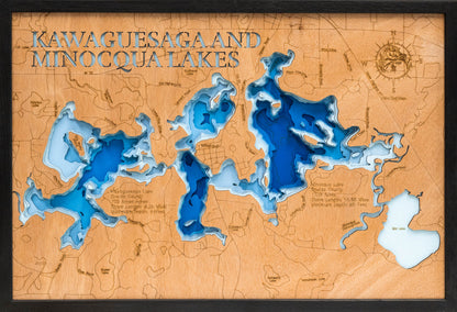 Decorative 3D wooden lake map of Kawaguesaga and Minocqua Lakes in Oneida County, WI, crafted with care.