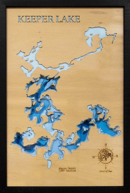 Keeper Lake in Kenora District, Ontario Canada engraved wood map, showcasing accurate topographical features.