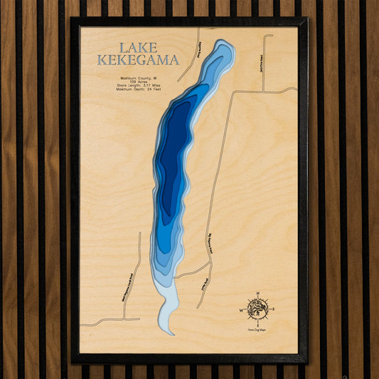 Unique wooden lake map of Lake Kekegama in Washburn County, WI, featuring intricate depth details.