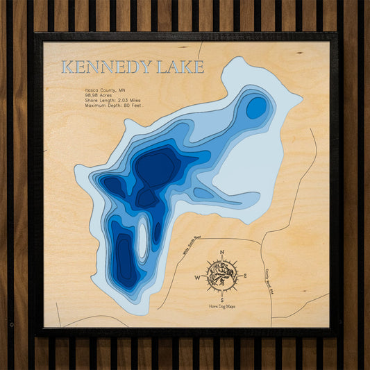 Custom wooden map of Kennedy Lake in Itasca County, MN with layered depth highlights.