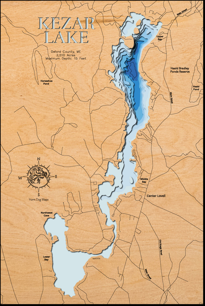 3D wooden lake map of Kezar Lake in Oxford County, ME, showcasing detailed depth layers and contours.