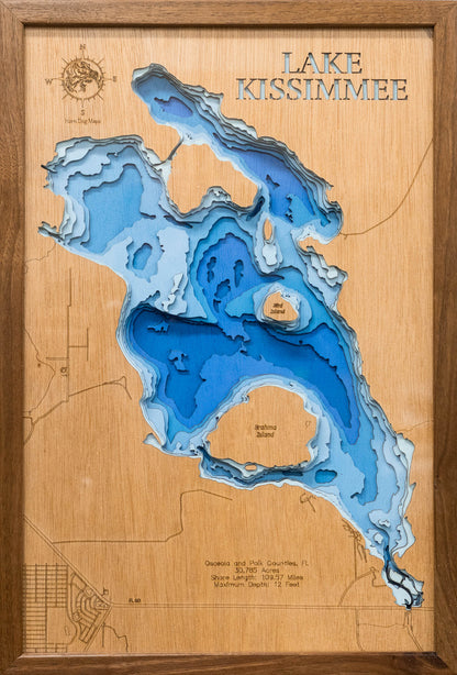 Lake Kissimmee in Osceola and Polk Counties, FL in stunning 3D wood map design, with detailed topography.