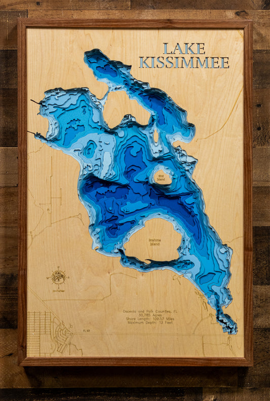 Lake Kissimmee in Osceola and Polk Counties, FL in stunning 3D wood map design, with detailed topography.