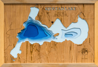 Precision-cut wooden map of Kjostad Lake in St. Louis County, MN, perfect for unique decor.