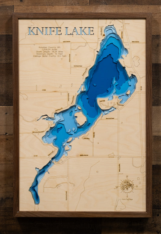Exquisite wooden map of Knife Lake in Kanabec County, MN with detailed lakebed features.
