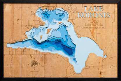 Detailed wooden relief map of Lake Koronis in  Stearns  County, Minnesota, showcasing its natural beauty.