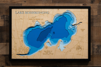 Artisanally carved wooden lake map of Lake Koshkonong in Dane, Jefferson, and Rock Counties, WI, highlighting bathymetry.