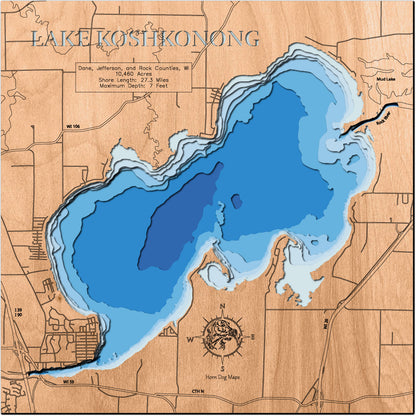 Artisanally carved wooden lake map of Lake Koshkonong in Dane, Jefferson, and Rock Counties, WI, highlighting bathymetry.