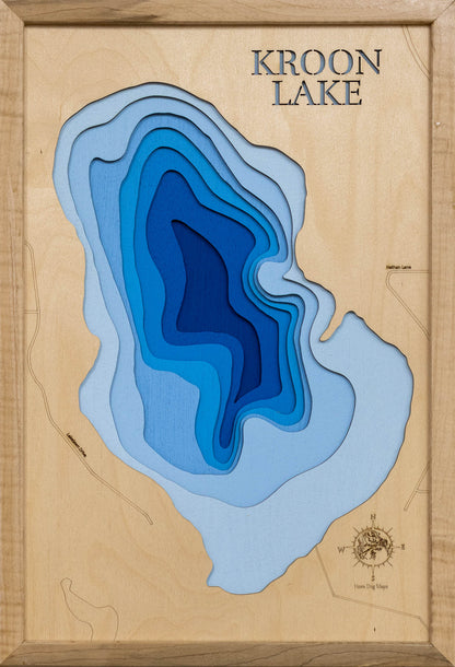 Artisanally carved wooden lake map of Kroon Lake in Chisago County, MN, highlighting bathymetry.