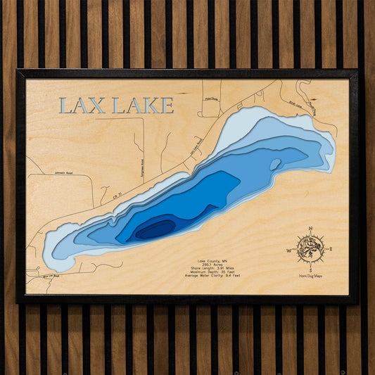 Lax Lake in Lake County, MN in stunning 3D wood map design, with detailed topography.