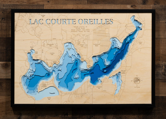 3d Depth Map of Lac Courte Oreilles Sawyer County, WI engraved wood map, showcasing accurate topographical features.