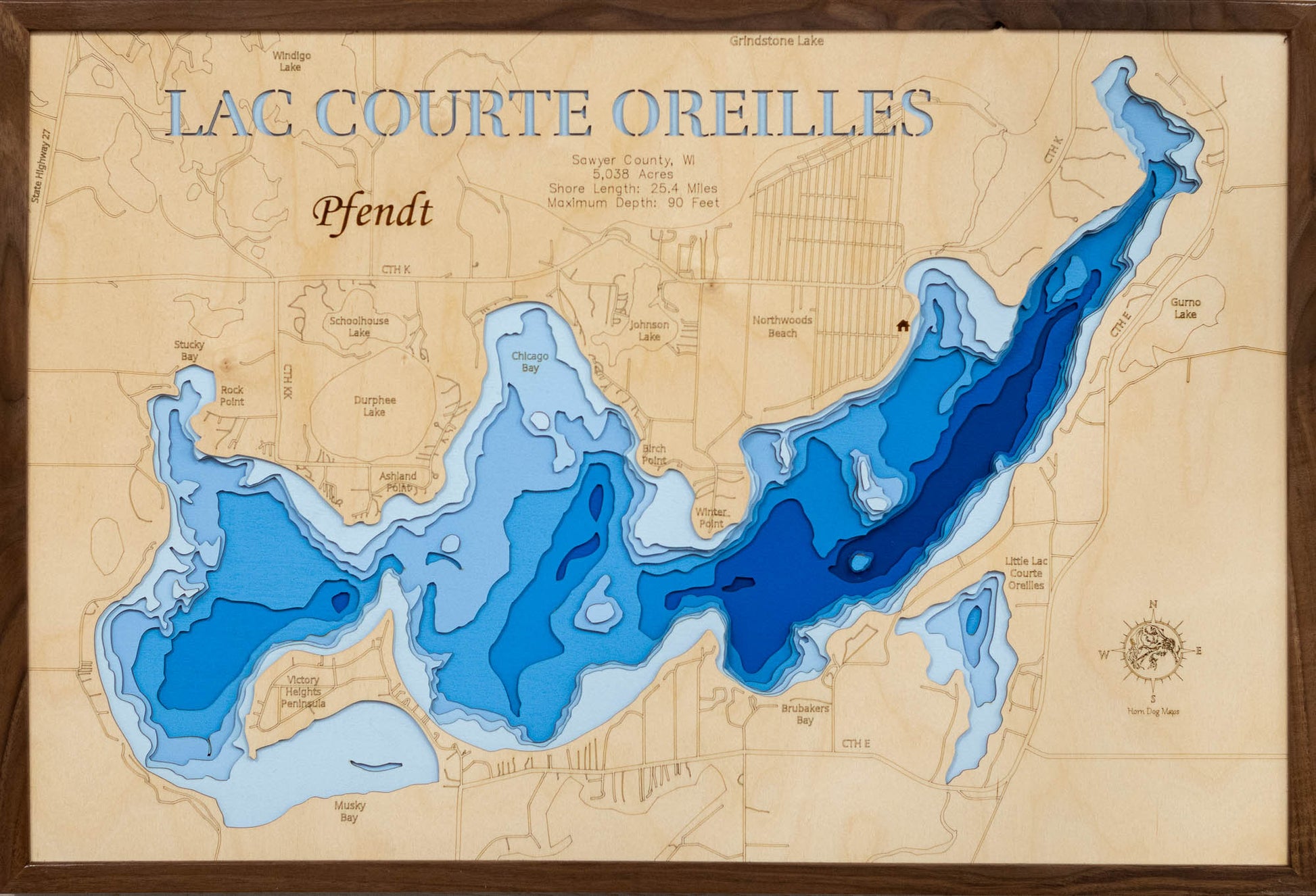 3d Depth Map of Lac Courte Oreilles Sawyer County, WI engraved wood map, showcasing accurate topographical features.