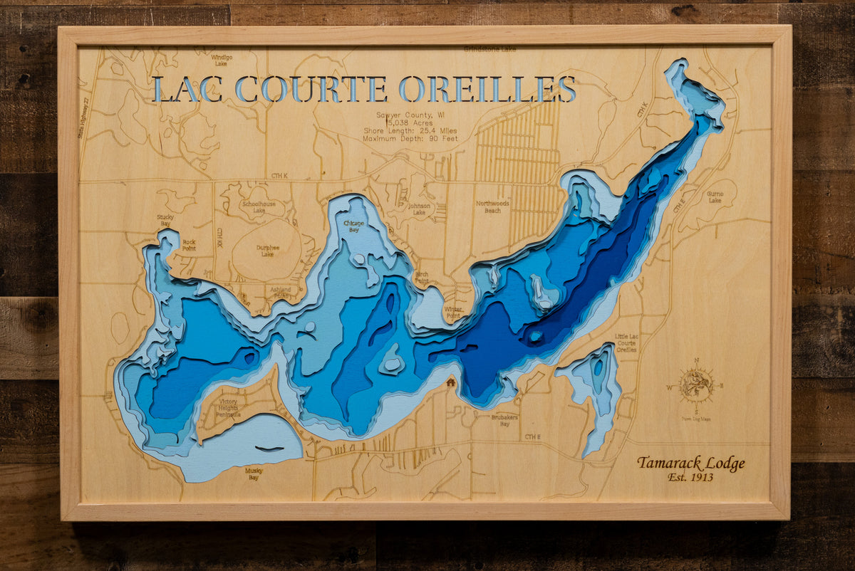 3d Depth Map of Lac Courte Oreilles Sawyer County, WI engraved wood map, showcasing accurate topographical features.