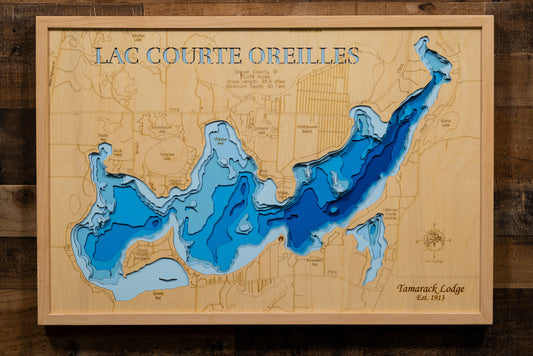 3d Depth Map of Lac Courte Oreilles Sawyer County, WI engraved wood map, showcasing accurate topographical features.