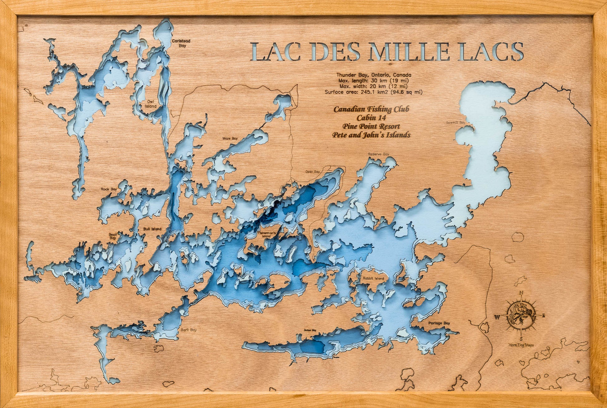 3D wooden lake map of Lac Des Mille Lacs (Thunder Bay) - horn-dog-maps, showcasing detailed depth layers and contours.