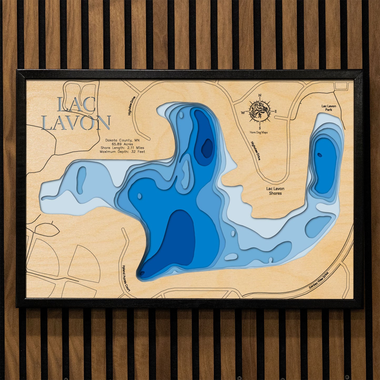 Artisanally carved wooden lake map of Lac Lavon in Dakota County, MN, highlighting bathymetry.