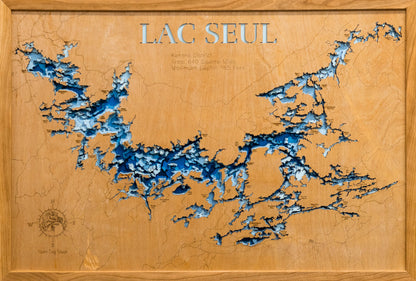 Exquisite wooden map of Lac Seul in Ontario, Canada with detailed lakebed features.