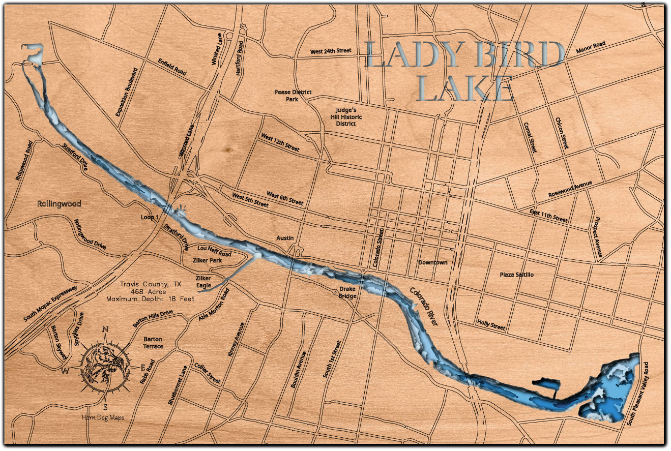 Exquisite wooden map of Lady Bird Lake in Travis County, TX with detailed lakebed features.