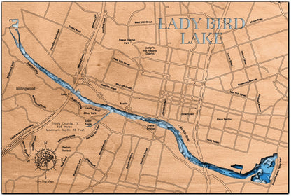 Exquisite wooden map of Lady Bird Lake in Travis County, TX with detailed lakebed features.