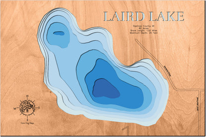 Artisanally carved wooden lake map of Laird Lake in Ogemaw County, MI, highlighting bathymetry.