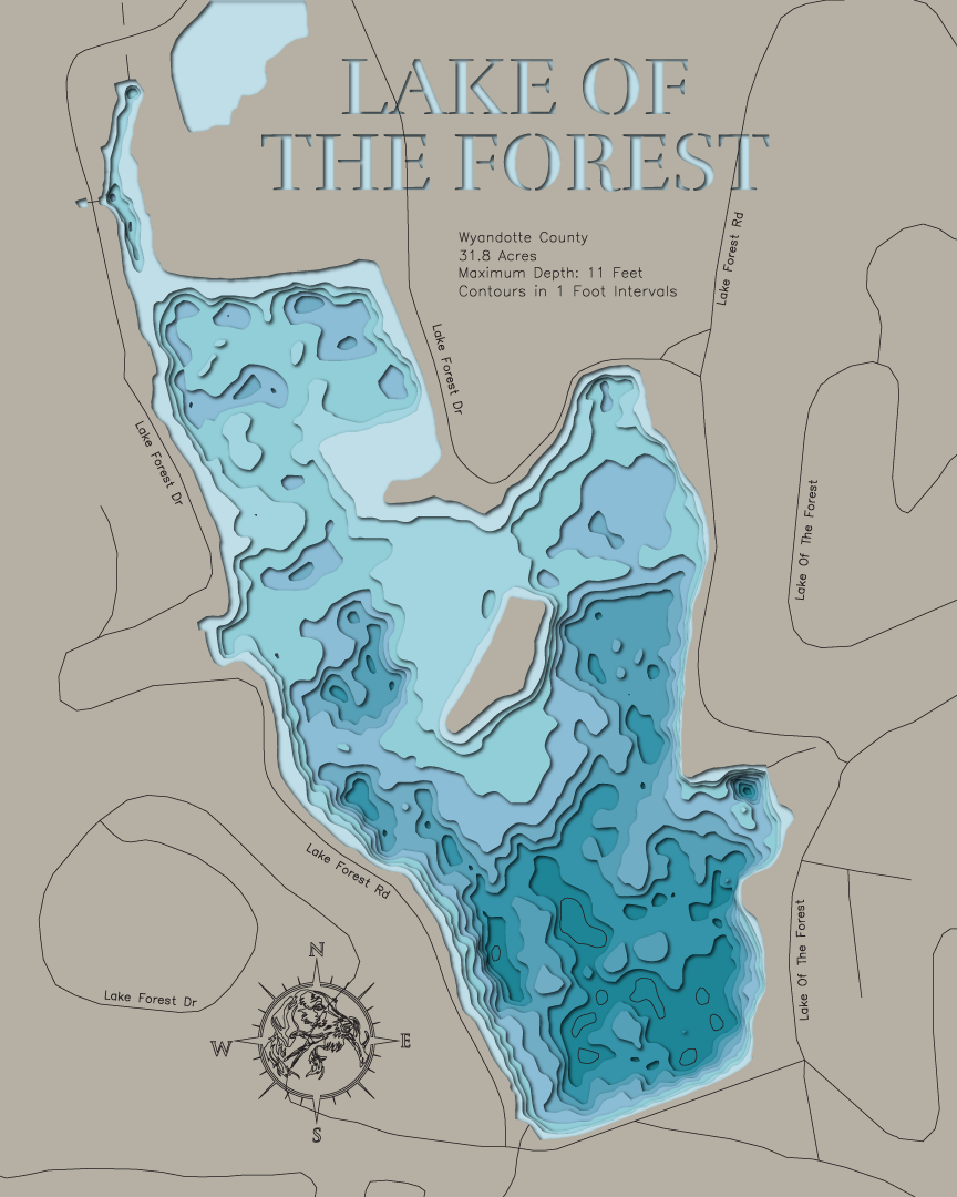 Lake of the Forest in Wyandotte County, KS in stunning 3D wood map design, with detailed topography.