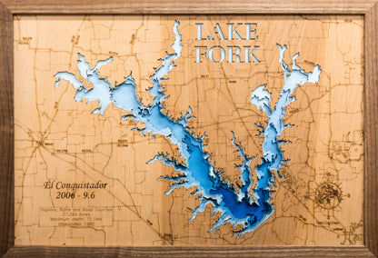 Custom wooden map of Lake Fork in Hopkins, Rain, and Wood Counties, Texas with layered depth highlights.